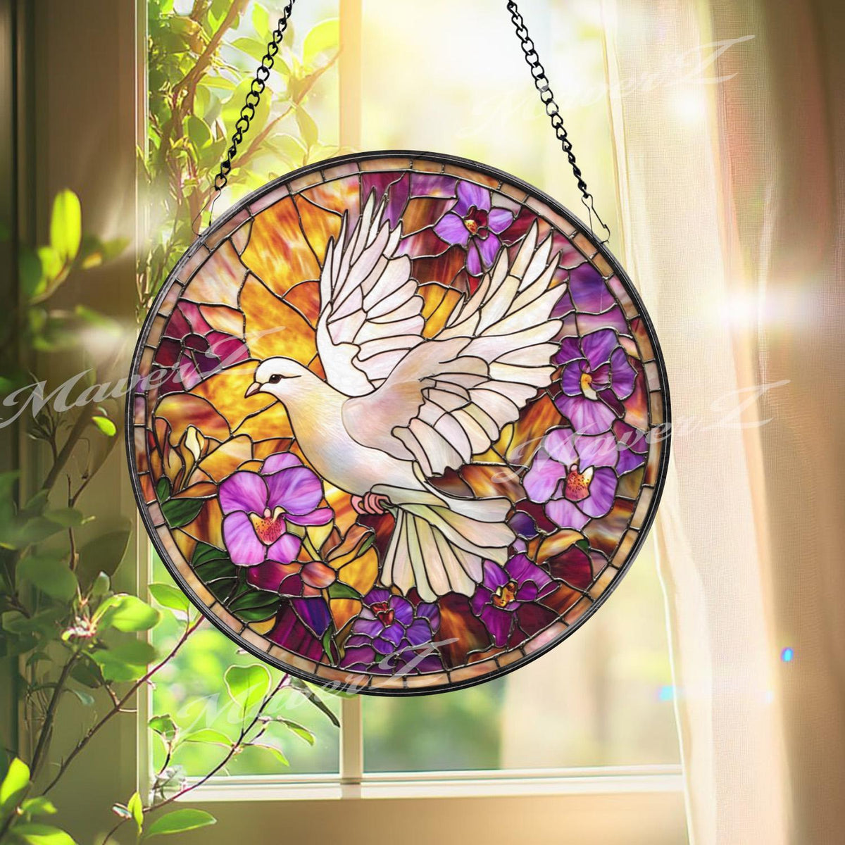White Dove Stained Glass Suncatcher, Peace Bird Window Hanging, Floral Violet Panel, Serenity Home Decor, Spiritual Sun Catcher Gift
