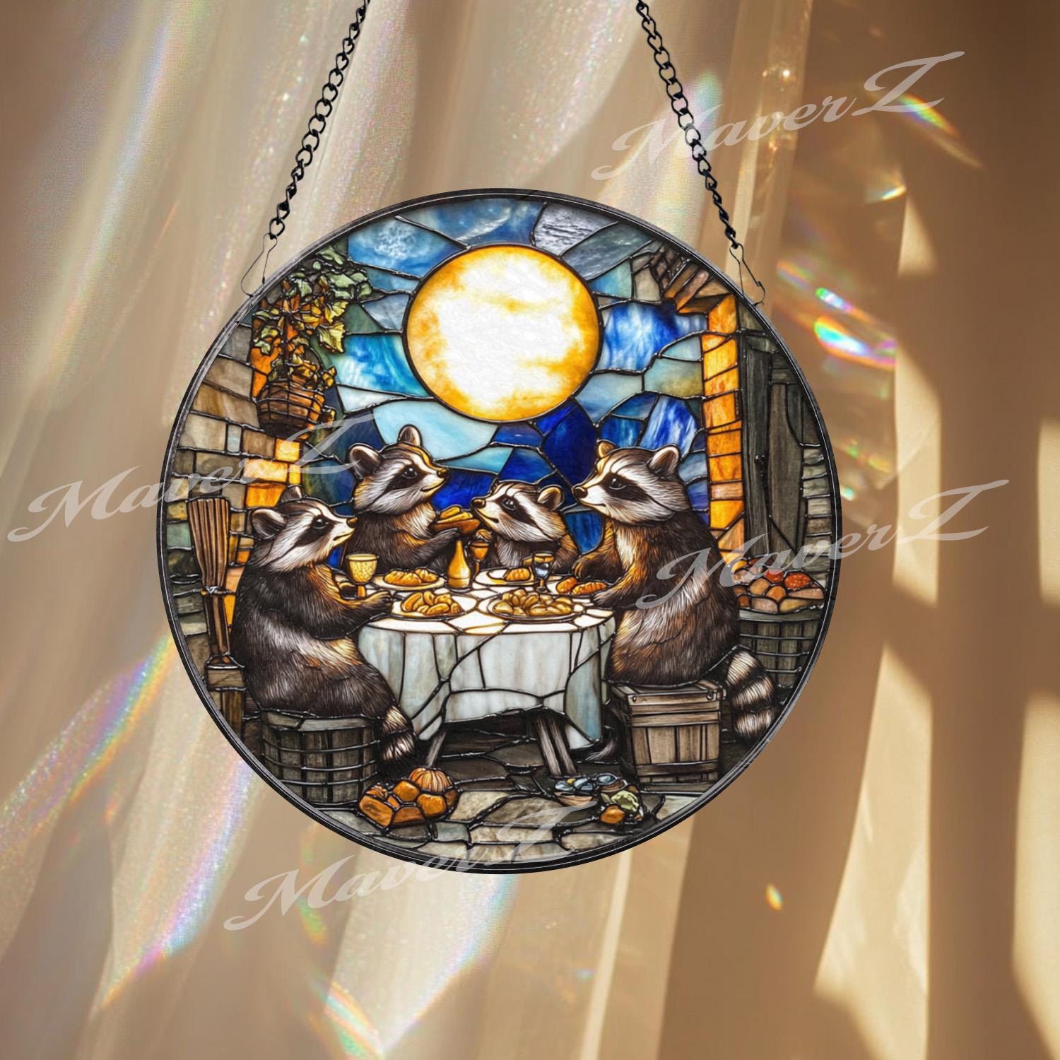 Raccoon Dinner Party Stained Glass Suncatcher, Funny Animal Window Hanging, Moonlight Feast Panel, Whimsical Woodland Decor, Cute Gift