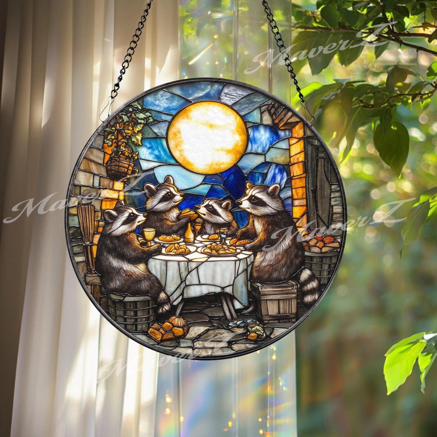 Raccoon Dinner Party Stained Glass Suncatcher, Funny Animal Window Hanging, Moonlight Feast Panel, Whimsical Woodland Decor, Cute Gift