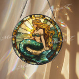 Mermaid Princess Stained Glass Suncatcher, Golden Hair Ocean Beauty, Sea Fantasy Window Hanging, Coastal Decor, Magical Gift