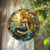 Mermaid Princess Stained Glass Suncatcher, Golden Hair Ocean Beauty, Sea Fantasy Window Hanging, Coastal Decor, Magical Gift