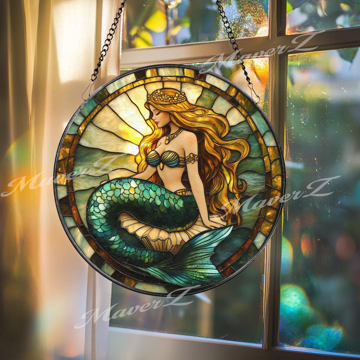 Mermaid Princess Stained Glass Suncatcher, Golden Hair Ocean Beauty, Sea Fantasy Window Hanging, Coastal Decor, Magical Gift