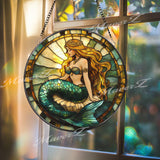 Mermaid Princess Stained Glass Suncatcher, Golden Hair Ocean Beauty, Sea Fantasy Window Hanging, Coastal Decor, Magical Gift
