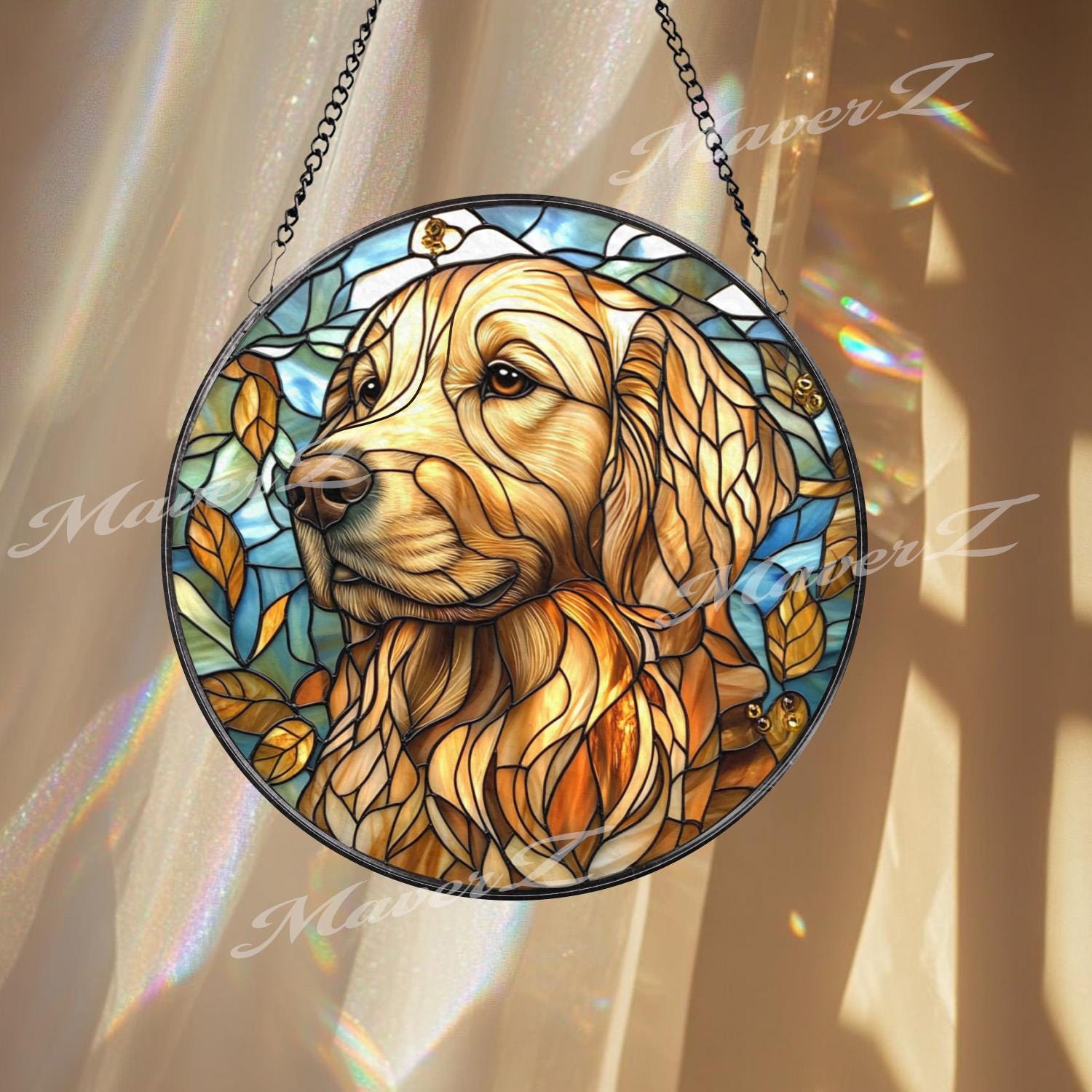 Golden Retriever Stained Glass Suncatcher, Autumn Dog Window Hanging, Pet Memorial Glass Art, Dog Lover Gift, Warm Rustic Decor