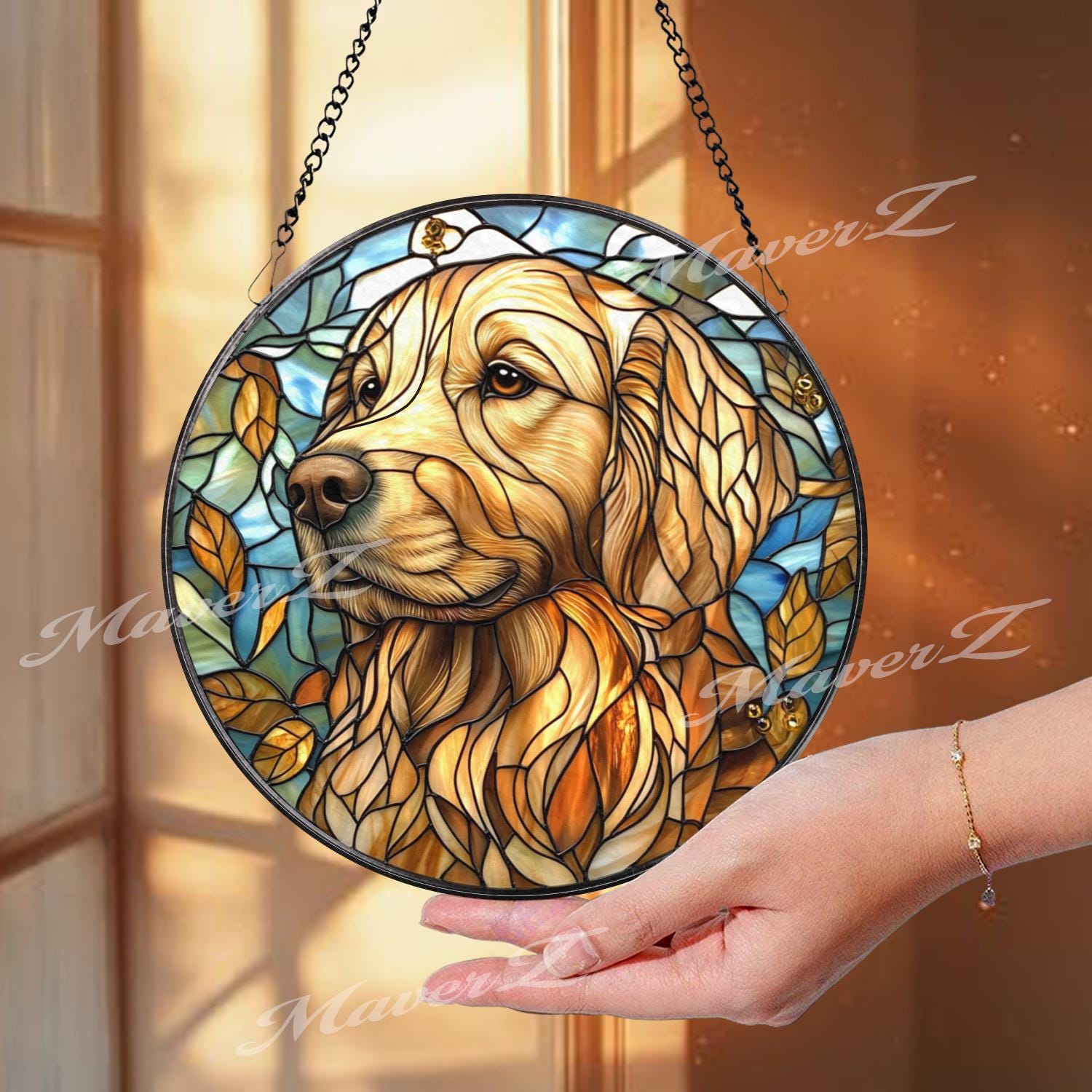 Golden Retriever Stained Glass Suncatcher, Autumn Dog Window Hanging, Pet Memorial Glass Art, Dog Lover Gift, Warm Rustic Decor