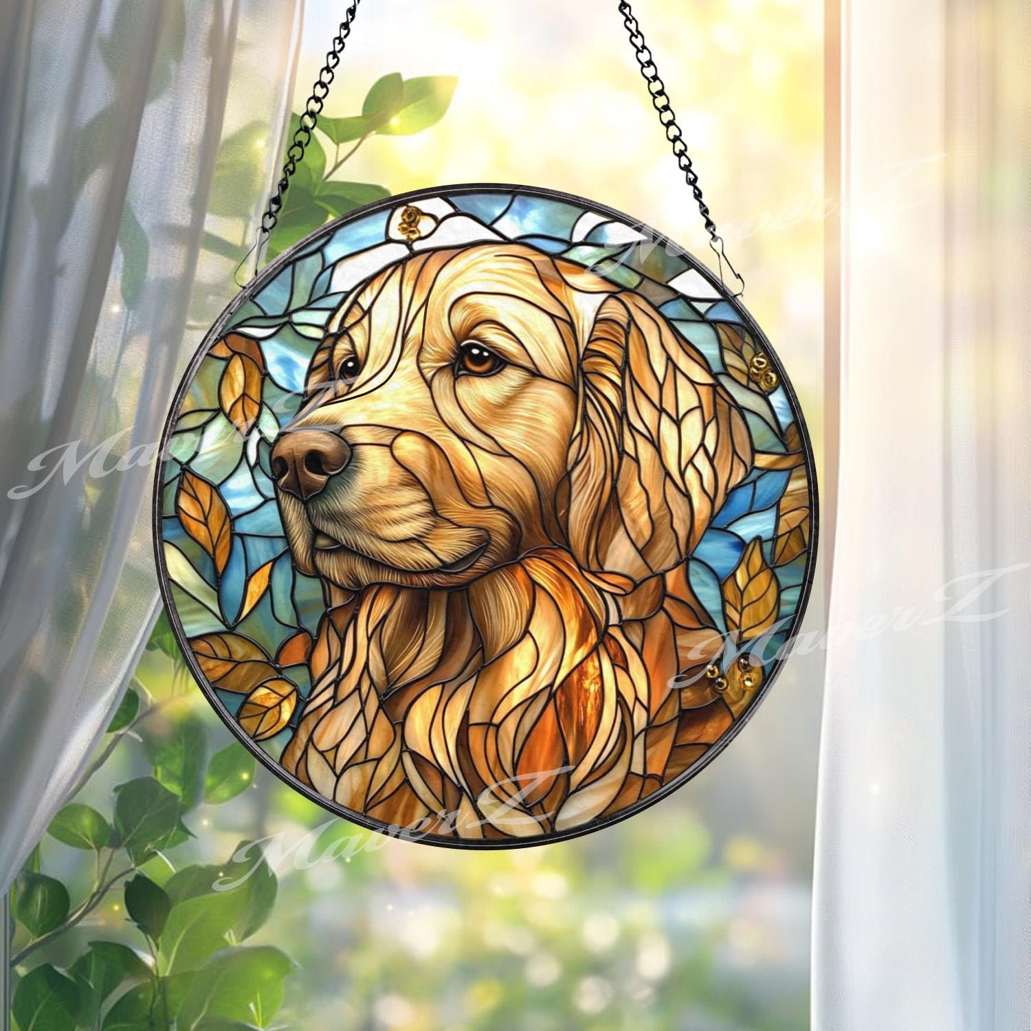 Golden Retriever Stained Glass Suncatcher, Autumn Dog Window Hanging, Pet Memorial Glass Art, Dog Lover Gift, Warm Rustic Decor