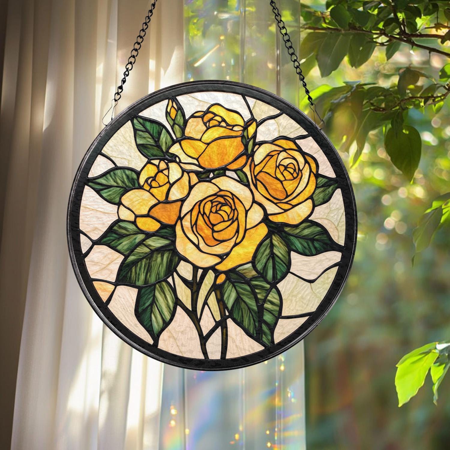 Rose Gold Flower Stained Glass Suncatcher, Personalized Floral Window Hanging, Romantic Gift for Mom or Grandma, Elegant Home Window Decor