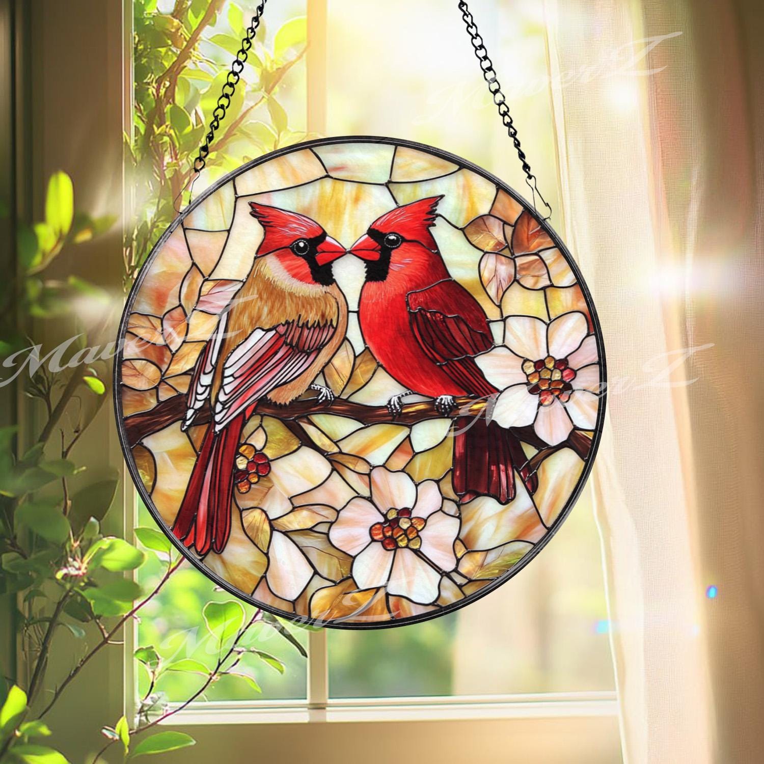 Cardinal Couple Stained Glass Suncatcher, Red Bird Window Hanging, Lovebird Glass Art, Floral Bird Decor, Memorial Gift