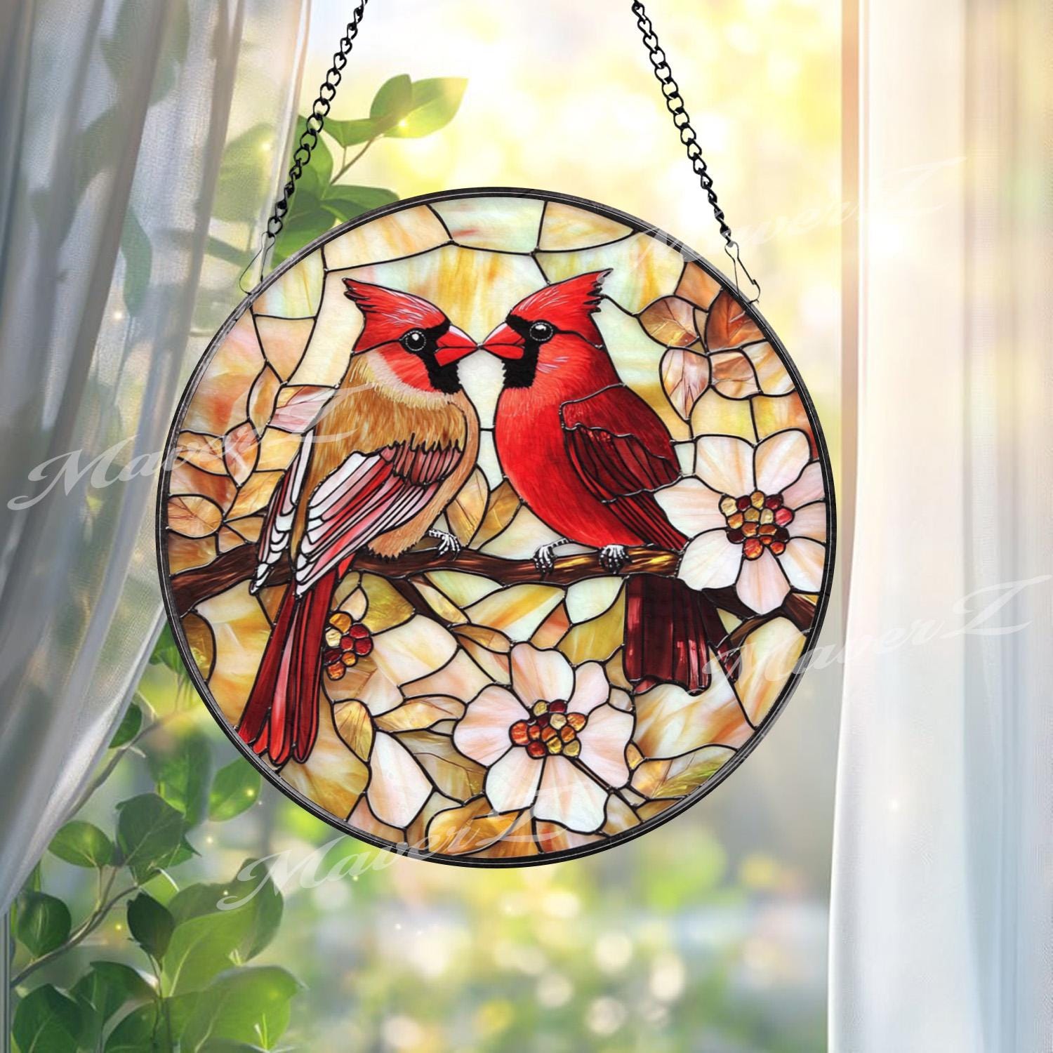 Cardinal Couple Stained Glass Suncatcher, Red Bird Window Hanging, Lovebird Glass Art, Floral Bird Decor, Memorial Gift