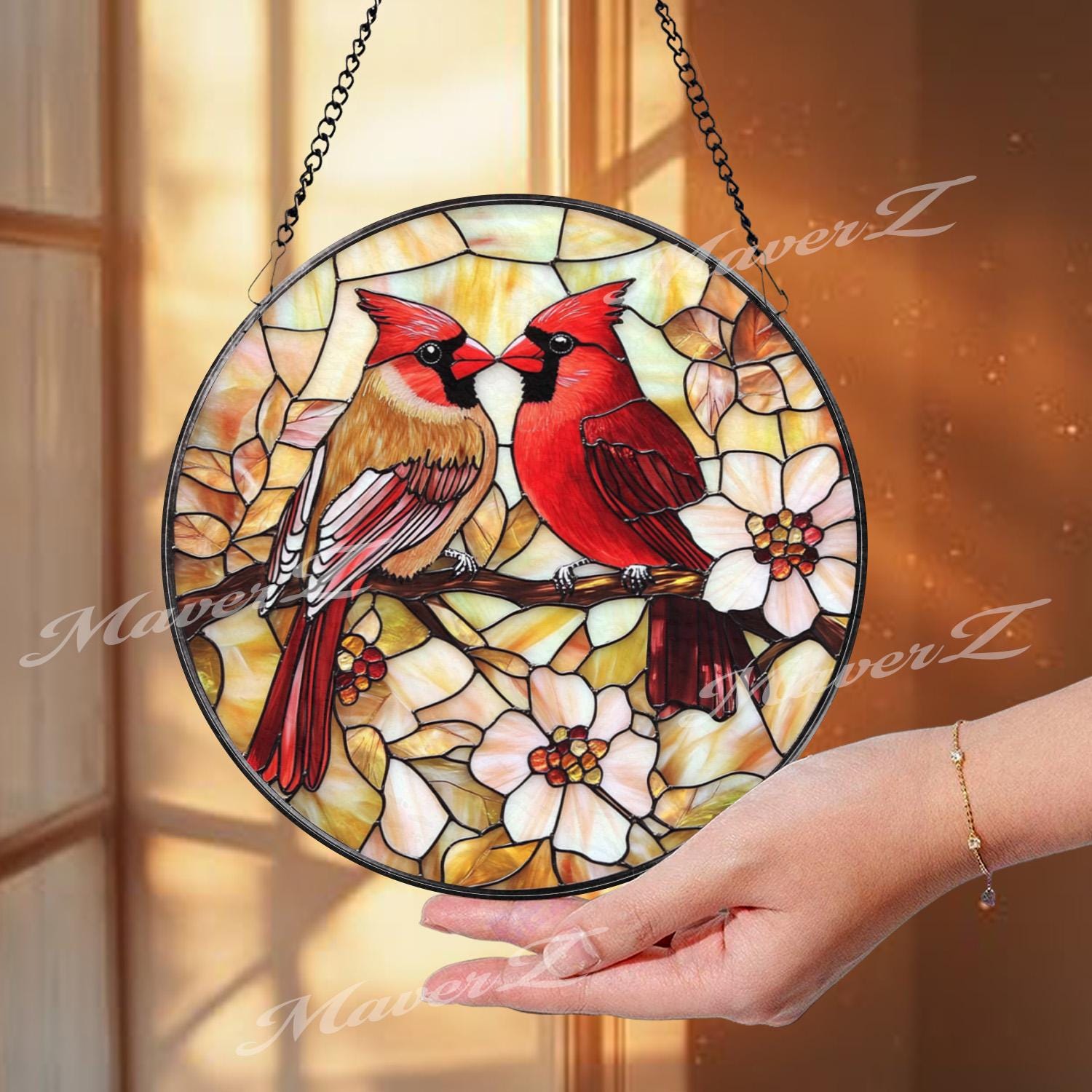 Cardinal Couple Stained Glass Suncatcher, Red Bird Window Hanging, Lovebird Glass Art, Floral Bird Decor, Memorial Gift