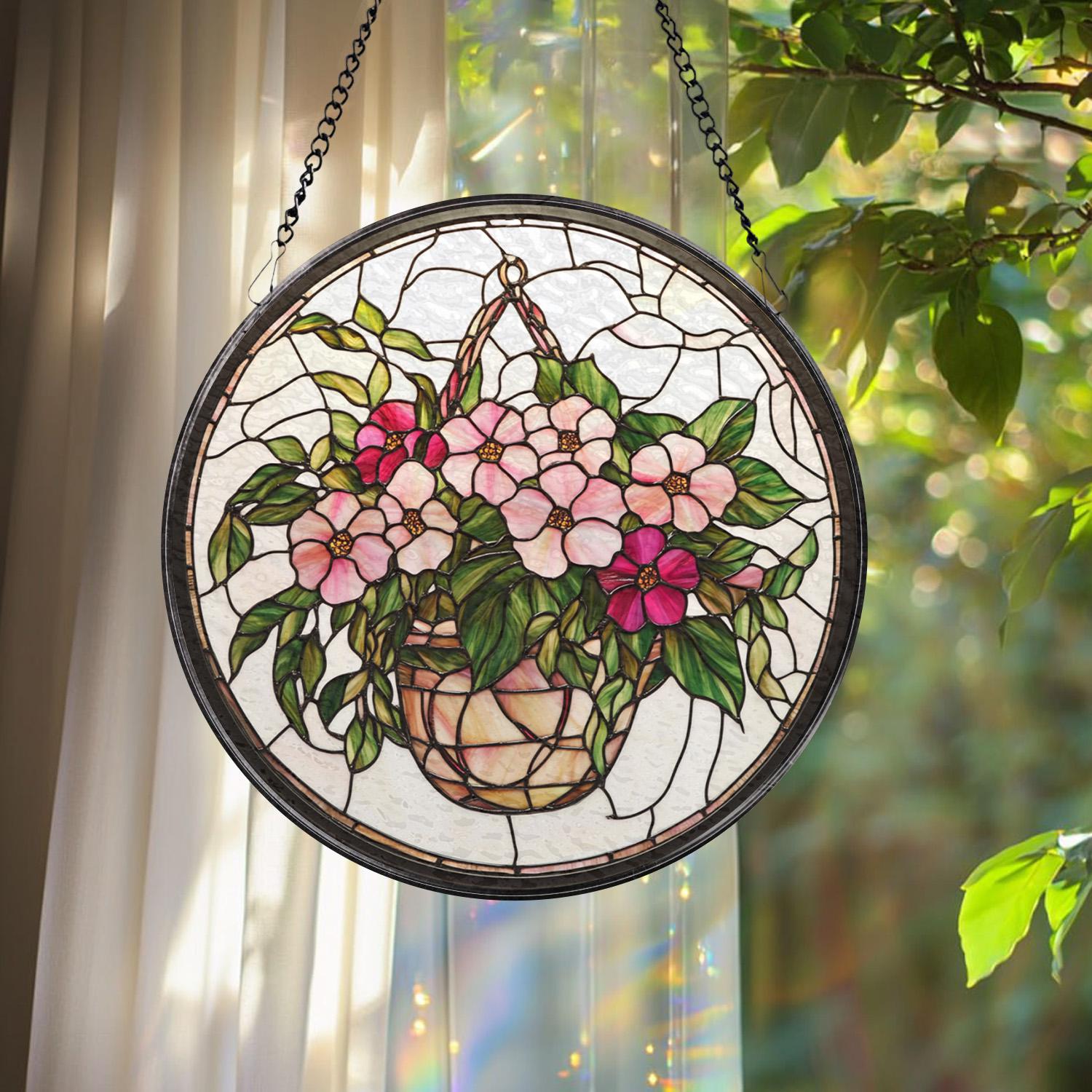 Personalized Morning Glory Glass Suncatcher, Pink Floral Window Hanging Decor, Garden-Inspired Gift for Grandma, Flower Art for Home