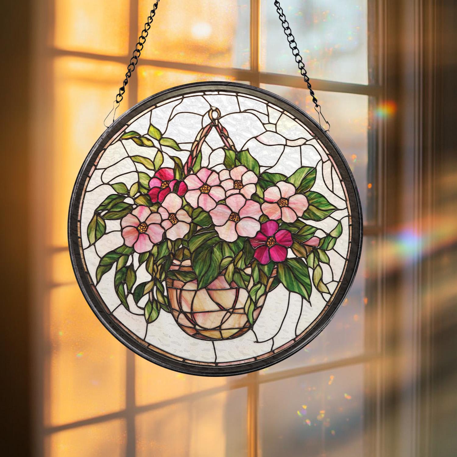 Personalized Morning Glory Glass Suncatcher, Pink Floral Window Hanging Decor, Garden-Inspired Gift for Grandma, Flower Art for Home