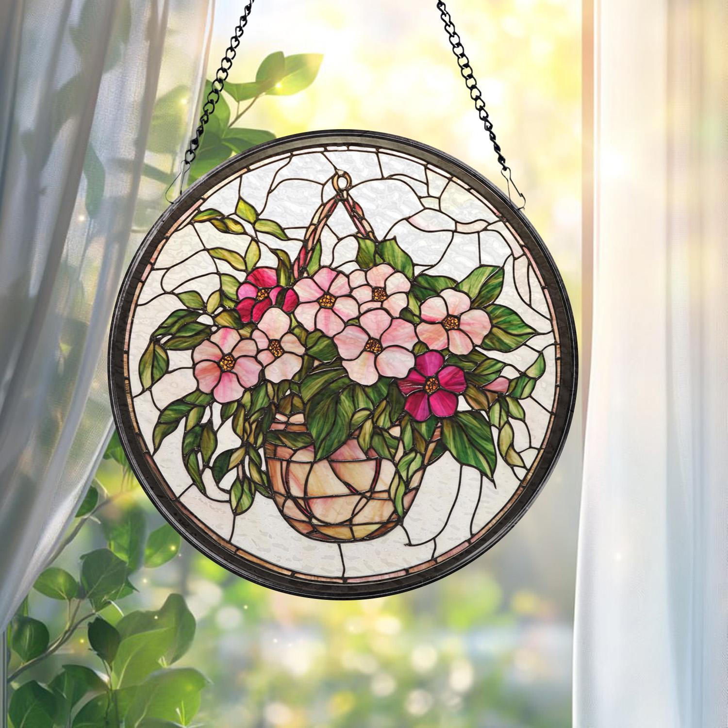 Personalized Morning Glory Glass Suncatcher, Pink Floral Window Hanging Decor, Garden-Inspired Gift for Grandma, Flower Art for Home