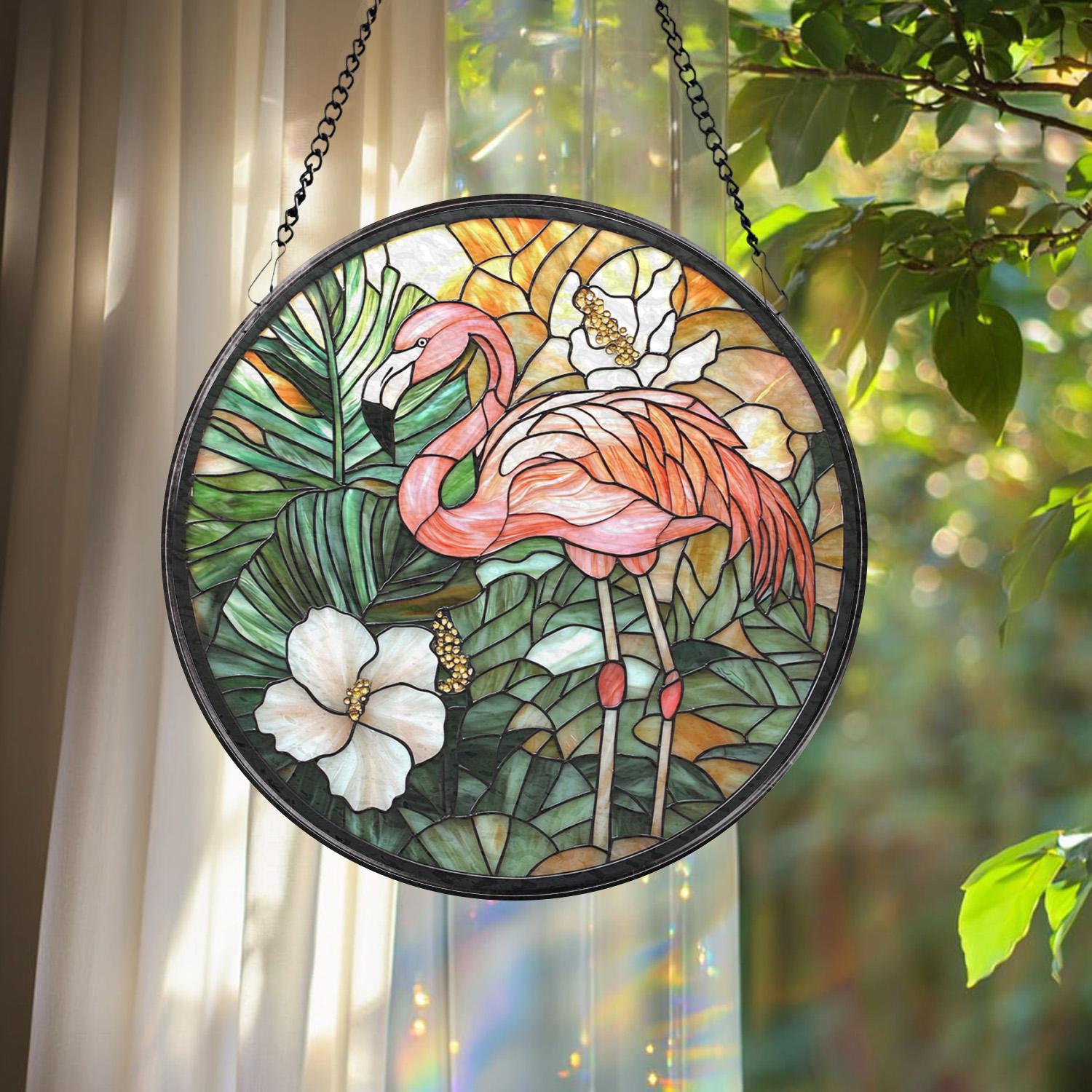 Stained Glass Flamingo Suncatcher, Handmade Bird Window Hanging, Tropical Glass Decor for Flamingo Lovers, Housewarming or Birthday Gift