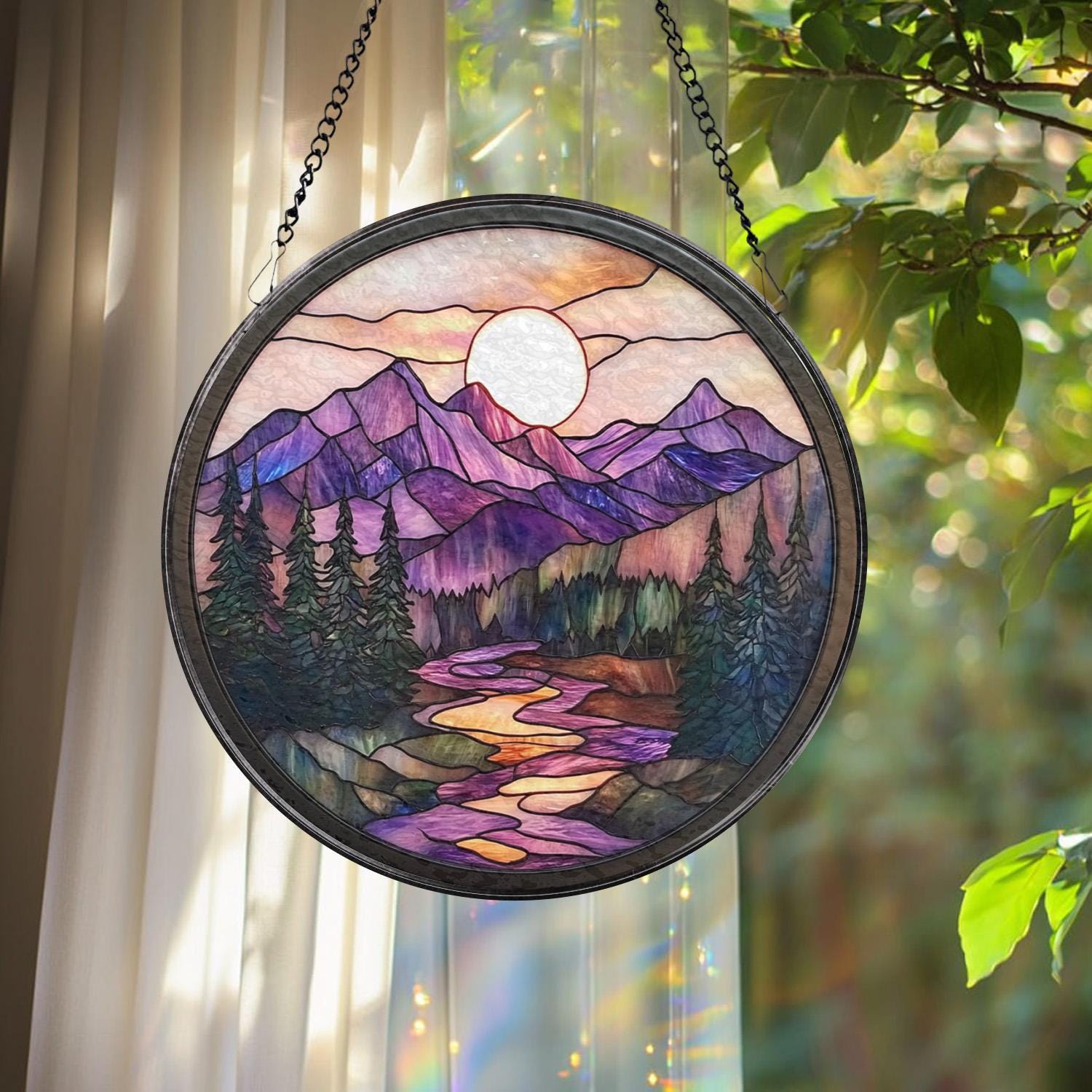 Nature Landscape Glass Suncatcher, Mountain Sunset Window Hanging, Forest Scene Rustic Home Decor, Outdoor-Inspired Gift for Nature Fans