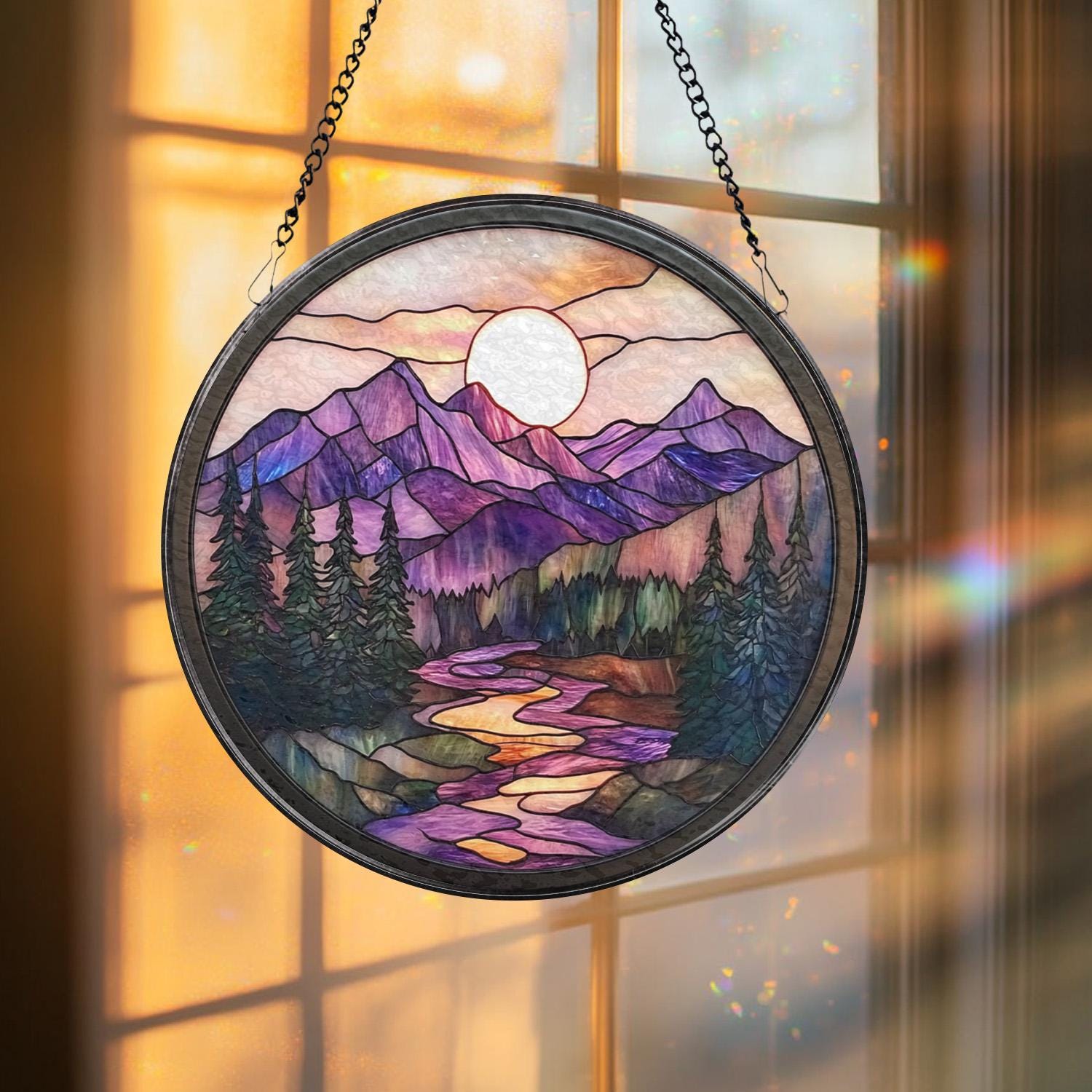 Nature Landscape Glass Suncatcher, Mountain Sunset Window Hanging, Forest Scene Rustic Home Decor, Outdoor-Inspired Gift for Nature Fans