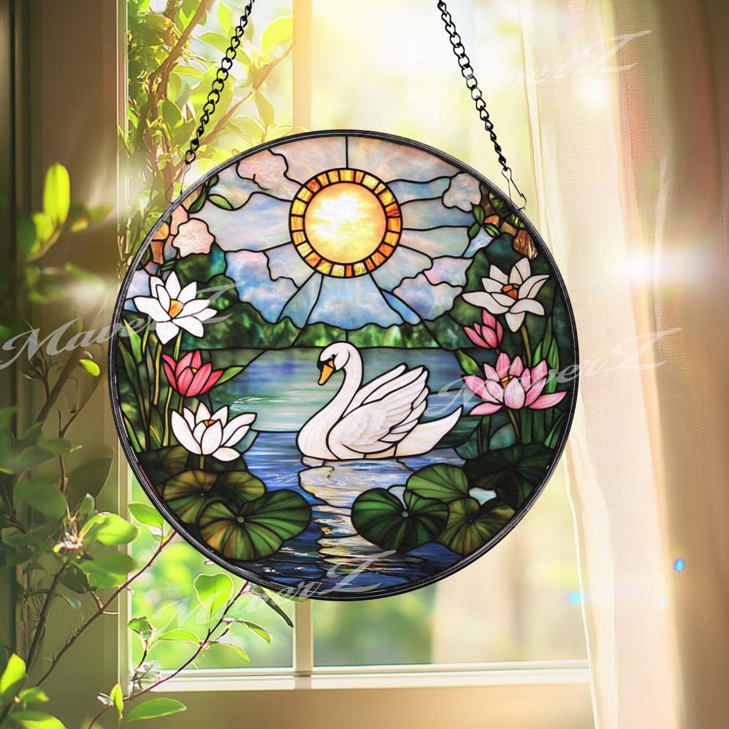 Swan and Lotus Stained Glass Suncatcher, Tranquil Lake Window Hanging, Sunlight Garden Glass Art, Peaceful Bird Decor, Nature Gift