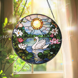 Swan and Lotus Stained Glass Suncatcher, Tranquil Lake Window Hanging, Sunlight Garden Glass Art, Peaceful Bird Decor, Nature Gift