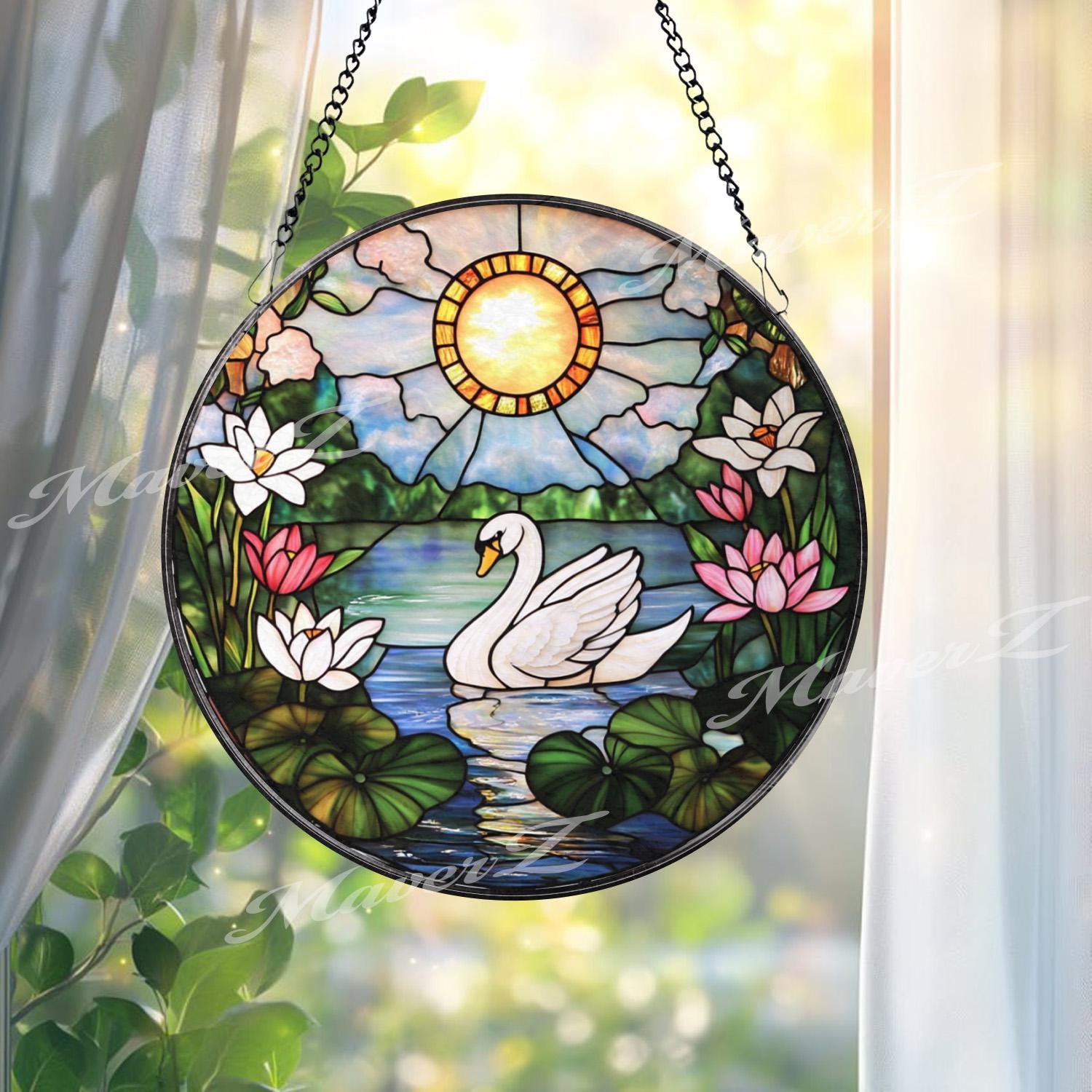 Swan and Lotus Stained Glass Suncatcher, Tranquil Lake Window Hanging, Sunlight Garden Glass Art, Peaceful Bird Decor, Nature Gift
