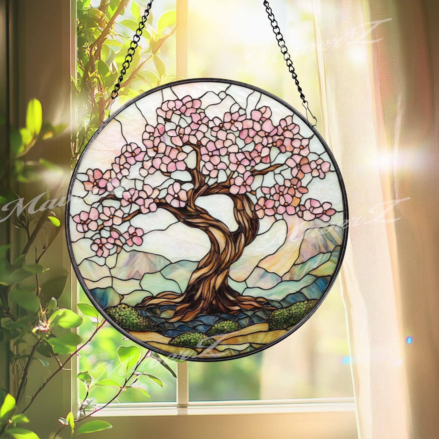 Cherry Blossom Tree Stained Glass Suncatcher, Spring Window Hanging Decor, Zen Nature Art Panel, Pink Floral Glass Gift