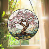 Cherry Blossom Tree Stained Glass Suncatcher, Spring Window Hanging Decor, Zen Nature Art Panel, Pink Floral Glass Gift
