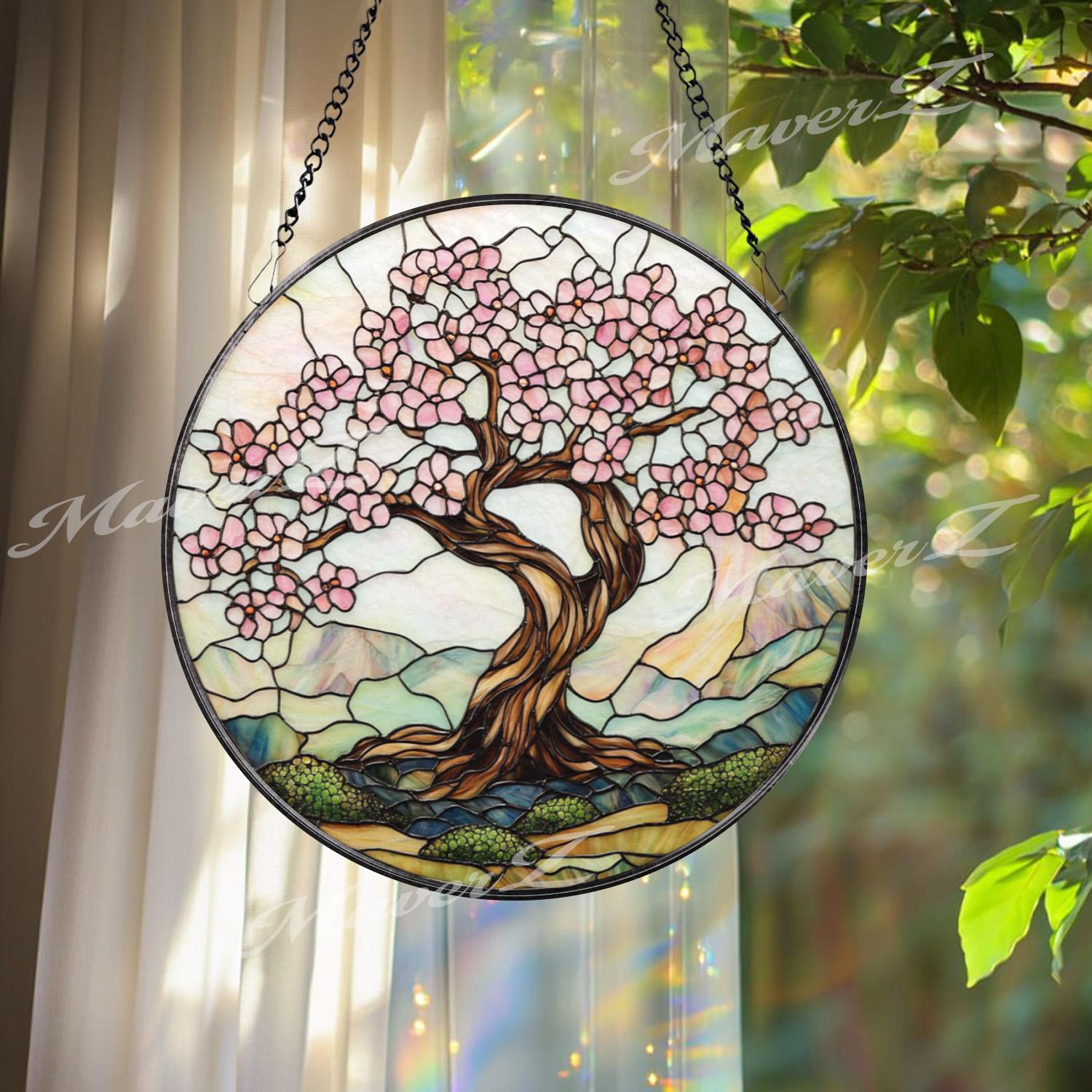 Cherry Blossom Tree Stained Glass Suncatcher, Spring Window Hanging Decor, Zen Nature Art Panel, Pink Floral Glass Gift