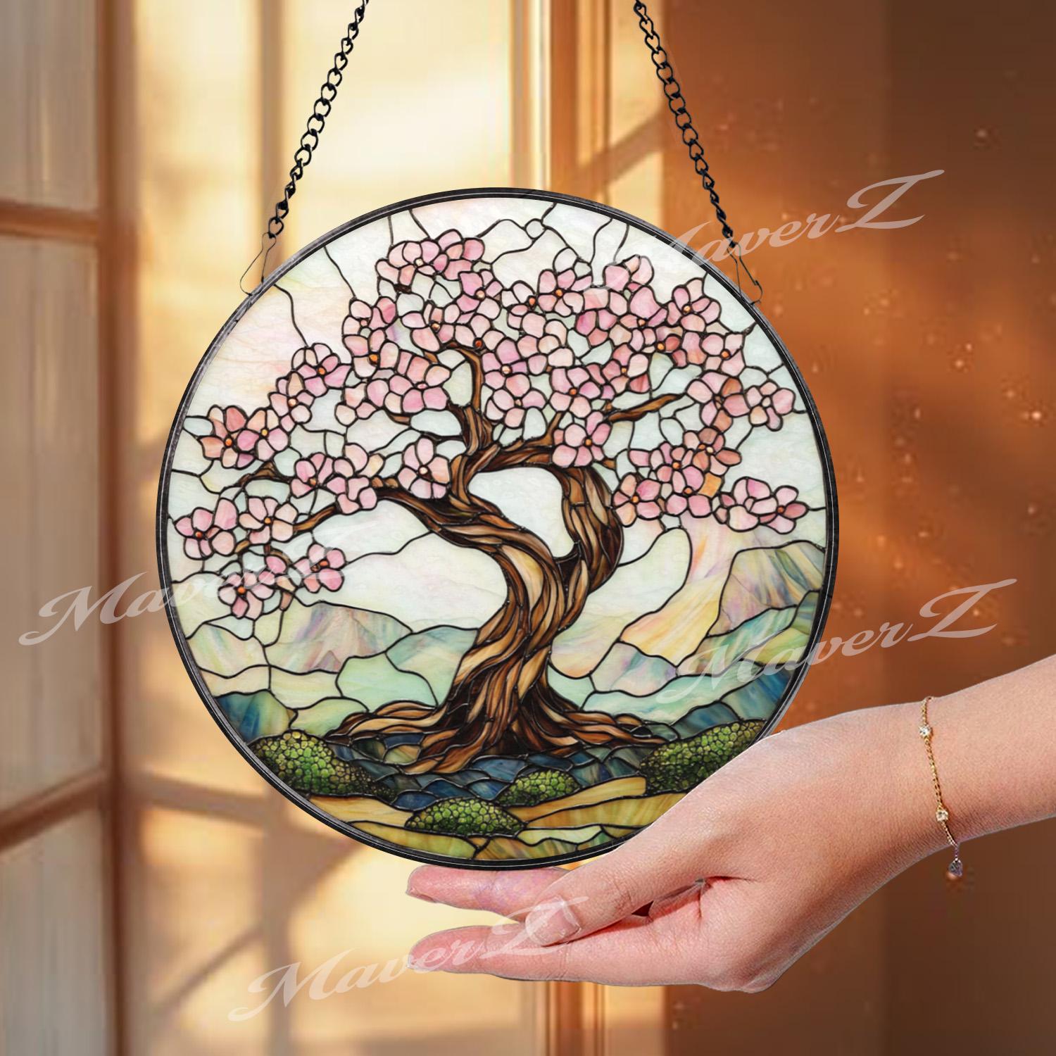 Cherry Blossom Tree Stained Glass Suncatcher, Spring Window Hanging Decor, Zen Nature Art Panel, Pink Floral Glass Gift