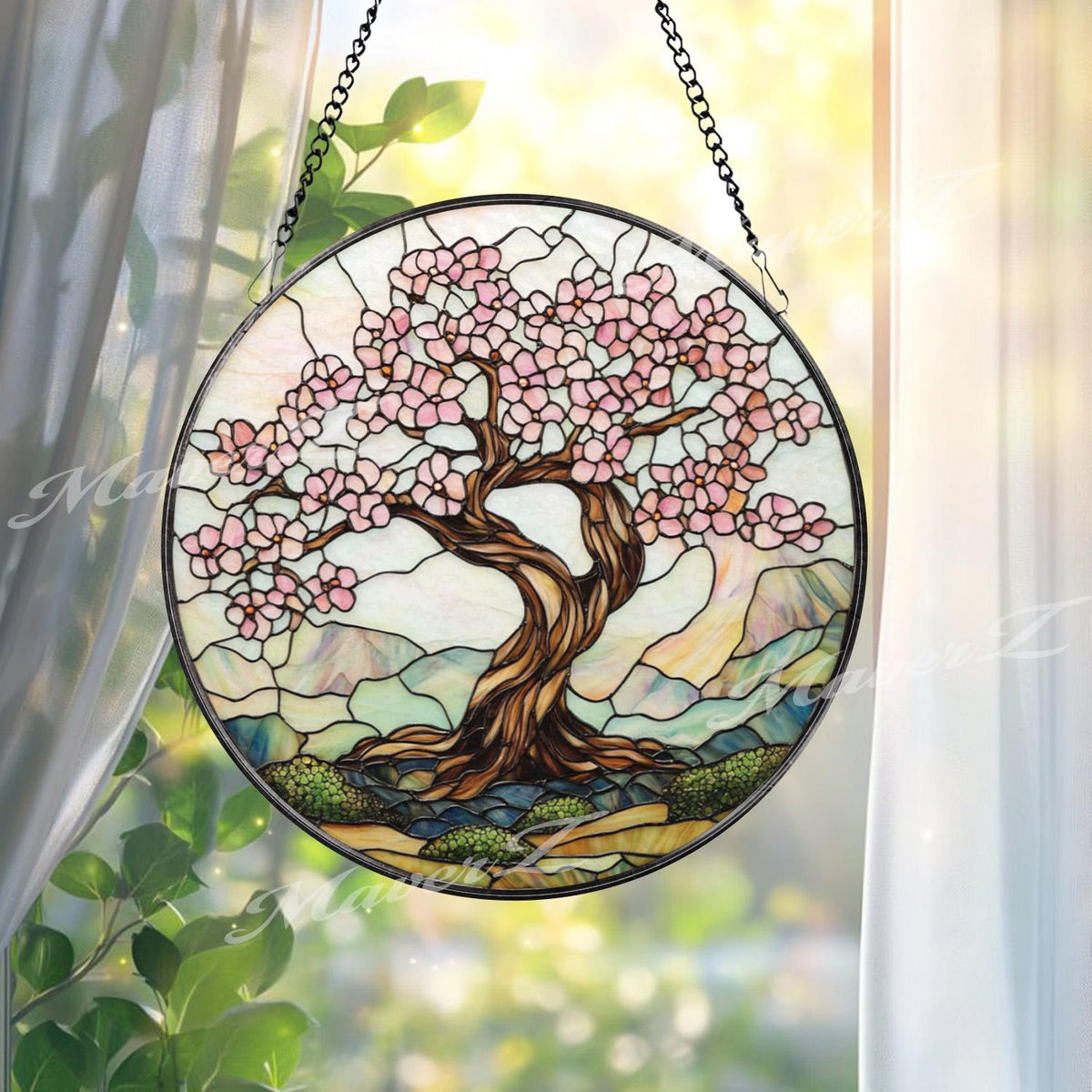 Cherry Blossom Tree Stained Glass Suncatcher, Spring Window Hanging Decor, Zen Nature Art Panel, Pink Floral Glass Gift