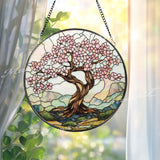 Cherry Blossom Tree Stained Glass Suncatcher, Spring Window Hanging Decor, Zen Nature Art Panel, Pink Floral Glass Gift