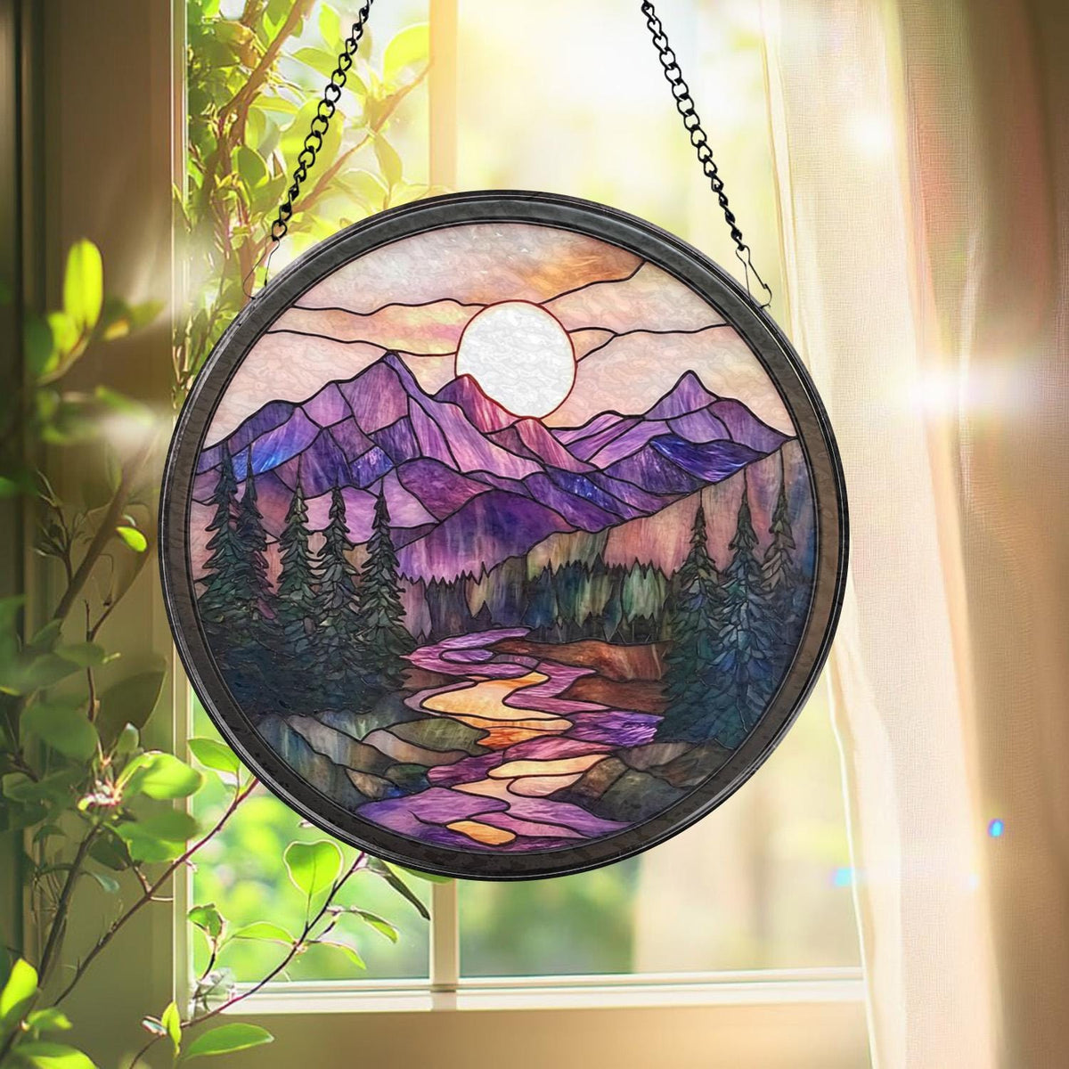 Nature Landscape Glass Suncatcher, Mountain Sunset Window Hanging, Forest Scene Rustic Home Decor, Outdoor-Inspired Gift for Nature Fans