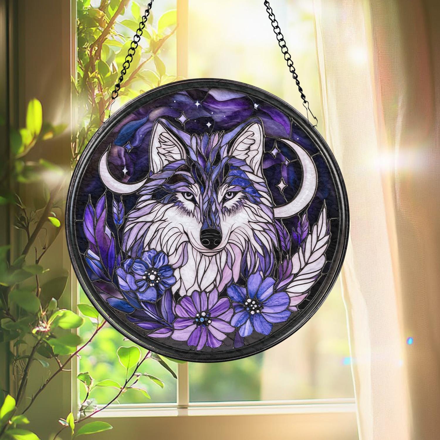 Majestic Wolf Stained Glass Suncatcher, Moonlit Window Hanging, Rustic Cabin Decor, Wildlife Lover Gift, Halloween Wall Art, Handmade Gift