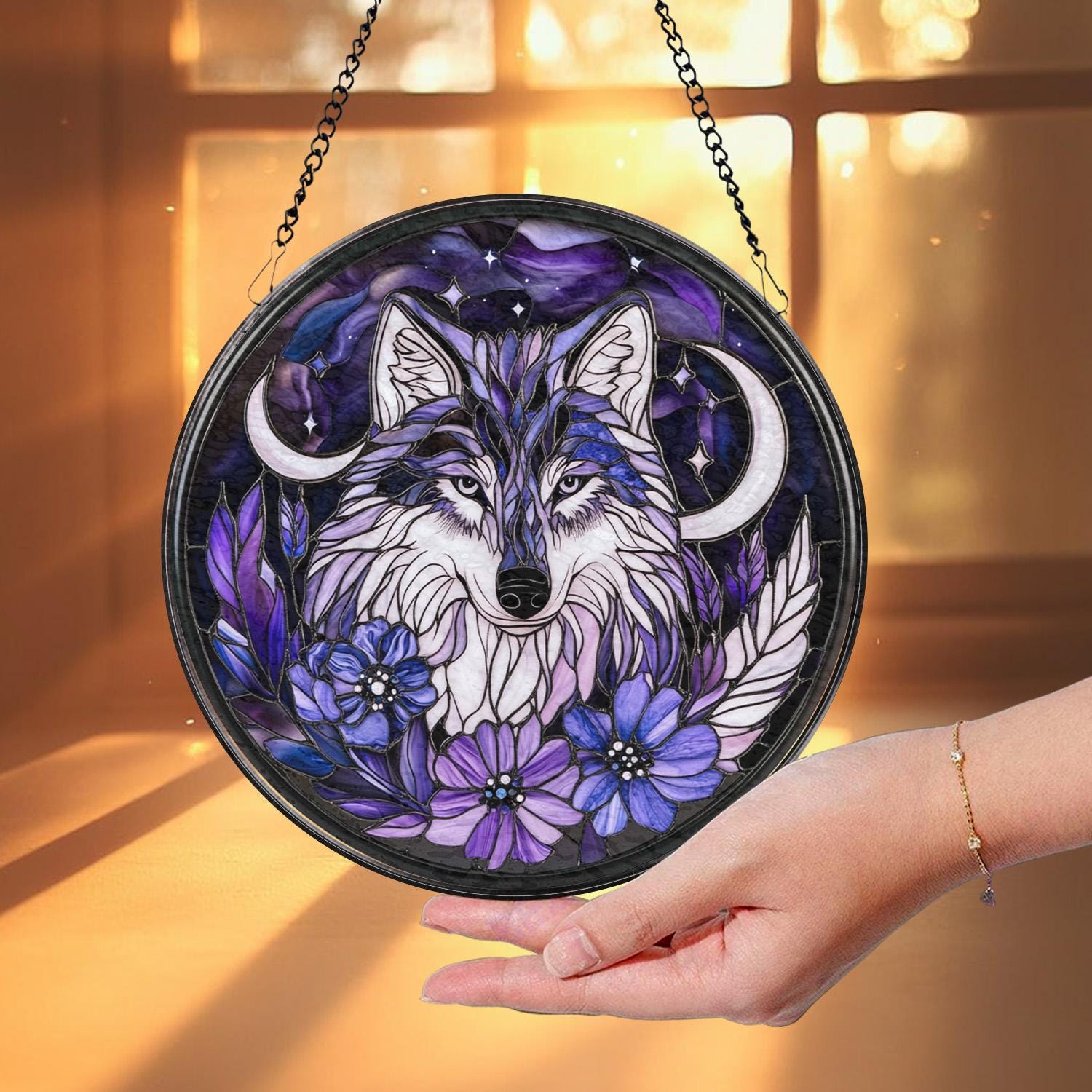 Majestic Wolf Stained Glass Suncatcher, Moonlit Window Hanging, Rustic Cabin Decor, Wildlife Lover Gift, Halloween Wall Art, Handmade Gift