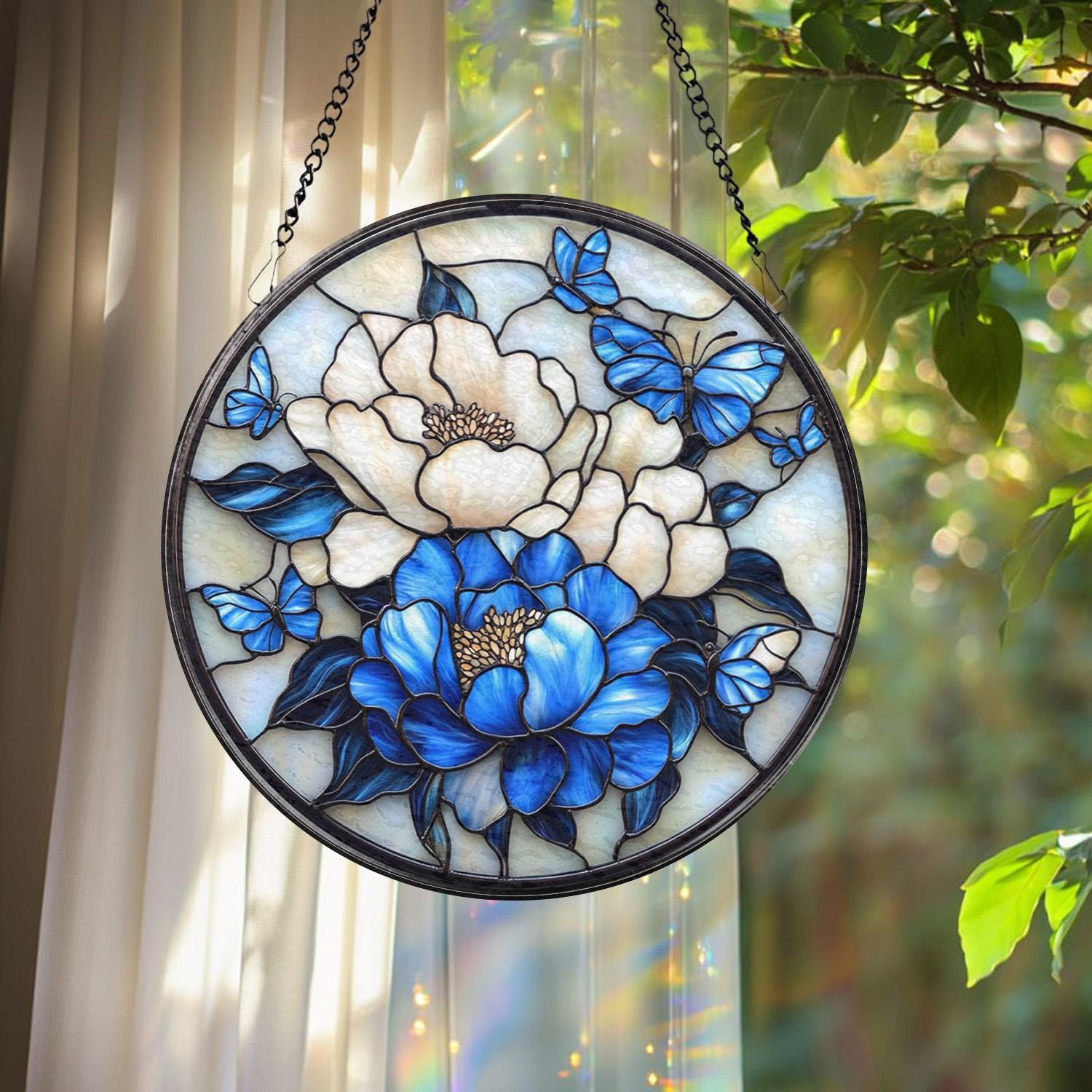 Royal Blue Peony Glass Suncatcher, Birth Month Flower Decor, Window Hanging, Handmade Gift, Floral Art, Gardening Lover Gift, Gift for Her