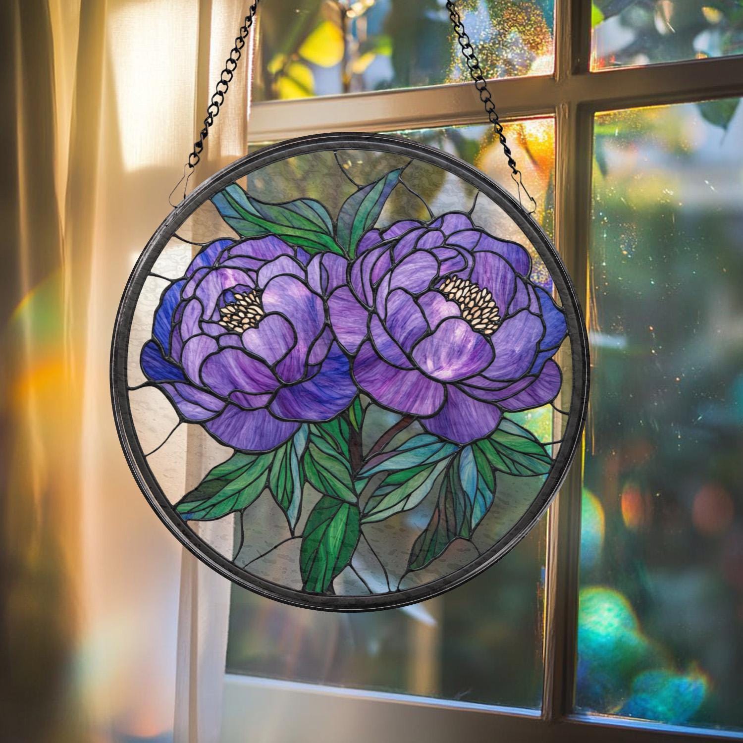Peony Flower Glass Suncatcher, Purple Peony Ornament, Window Hanging Decor, Mother’s Day Keepsake, Garden Wall Art, Gift for Her