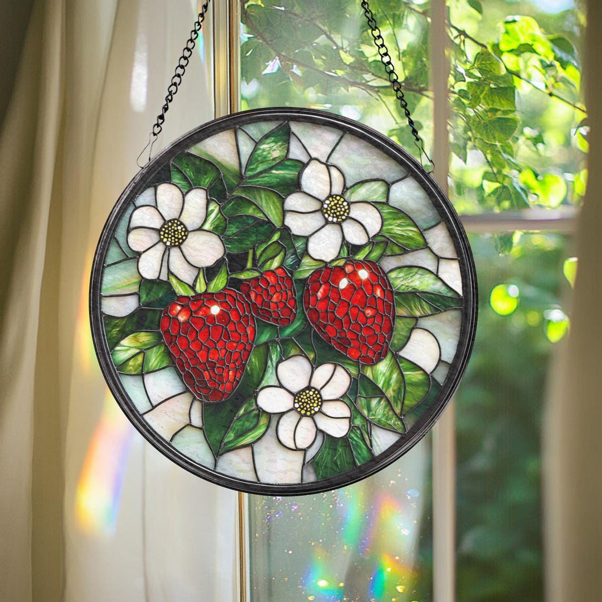 Strawberry Branch Glass Suncatcher, Floral Window Ornament, Housewarming Gift, Berry Lover Decor, Farmhouse Kitchen Wall Charm