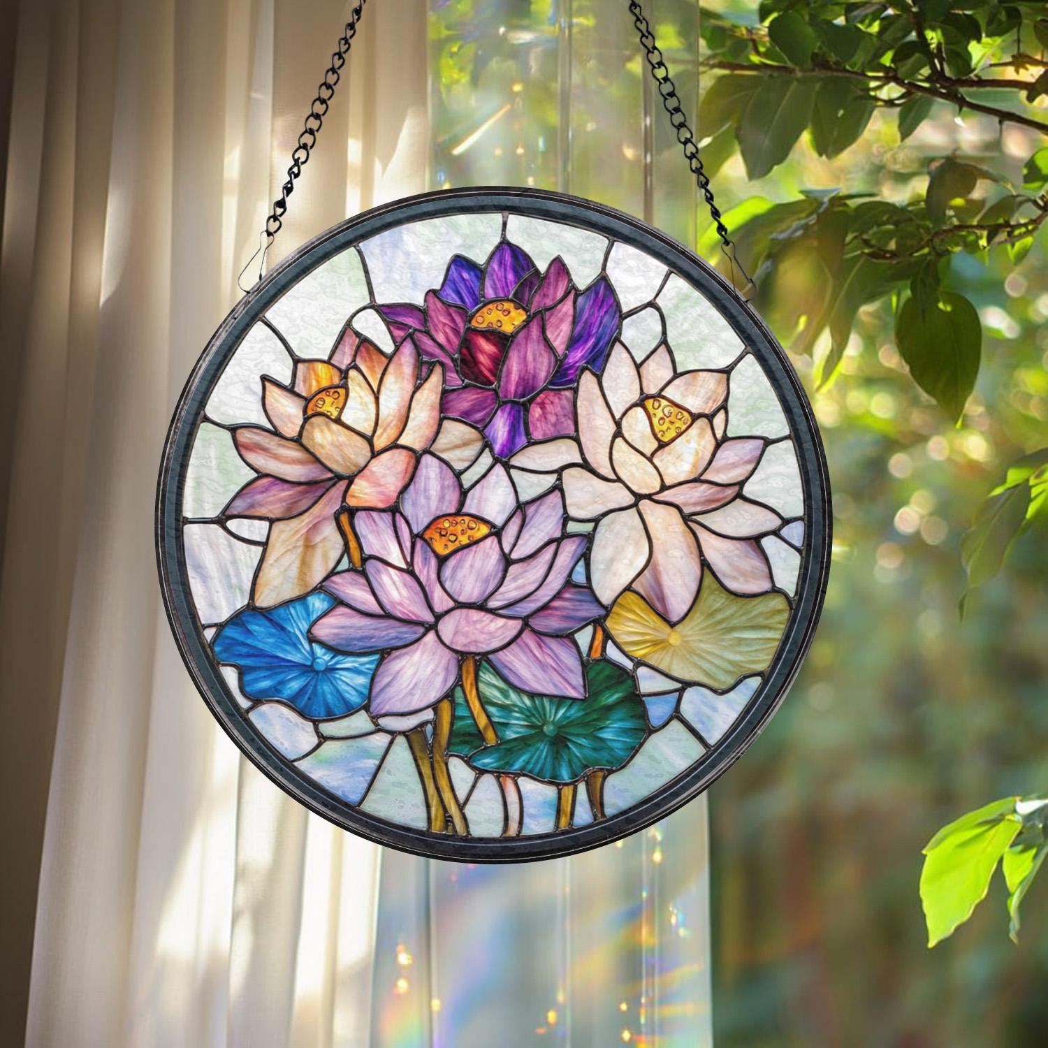 Handcrafted Lotus Glass Window Ornament, Tranquil Garden Decor, Yoga Lover Gift, Mother’s Day Present, Mindful Living Home Accent