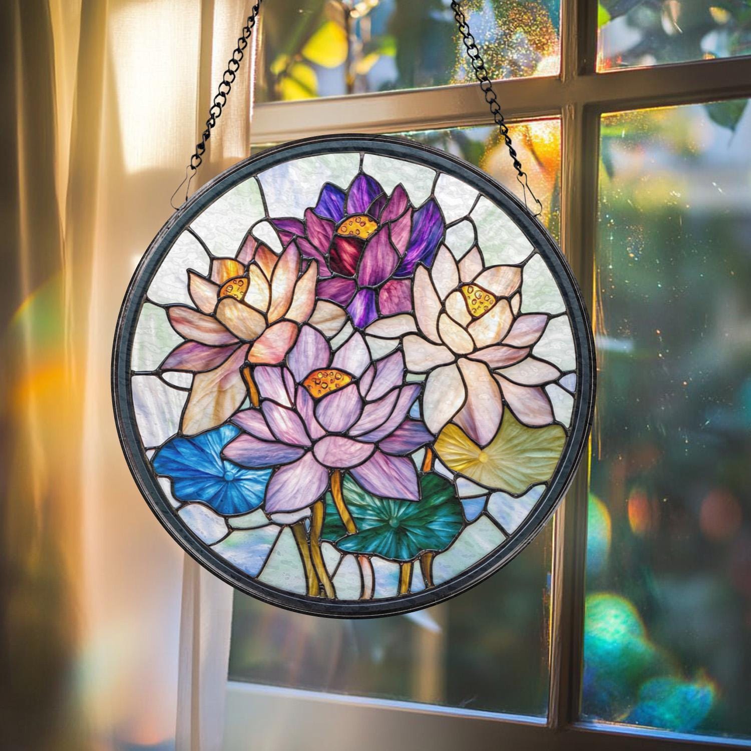 Handcrafted Lotus Glass Window Ornament, Tranquil Garden Decor, Yoga Lover Gift, Mother’s Day Present, Mindful Living Home Accent