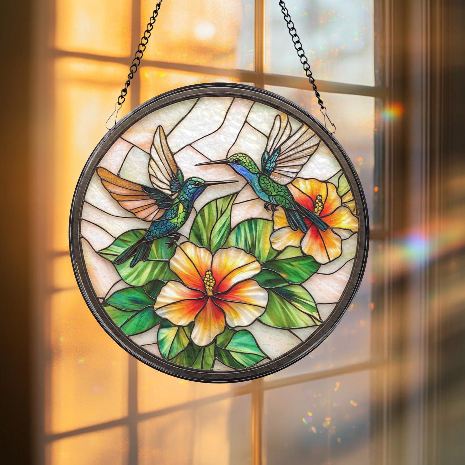 Hummingbird and Hibiscus Glass Suncatcher, Window Hanging Decor, Tropical Floral Accent, Bird Lover Gift, Mother’s Day Gift, Glass Wall Art