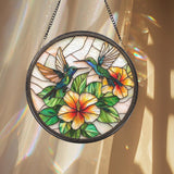 Hummingbird and Hibiscus Glass Suncatcher, Window Hanging Decor, Tropical Floral Accent, Bird Lover Gift, Mother’s Day Gift, Glass Wall Art