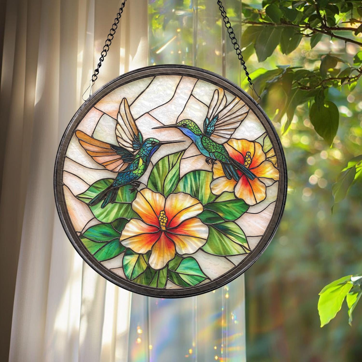 Hummingbird and Hibiscus Glass Suncatcher, Window Hanging Decor, Tropical Floral Accent, Bird Lover Gift, Mother’s Day Gift, Glass Wall Art