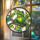 Green Frog Stained Glass Suncatcher, Lotus Flower Window Hanging, Outdoor Nature Decor, Amphibian Lover Gift, Garden Room Wall Art