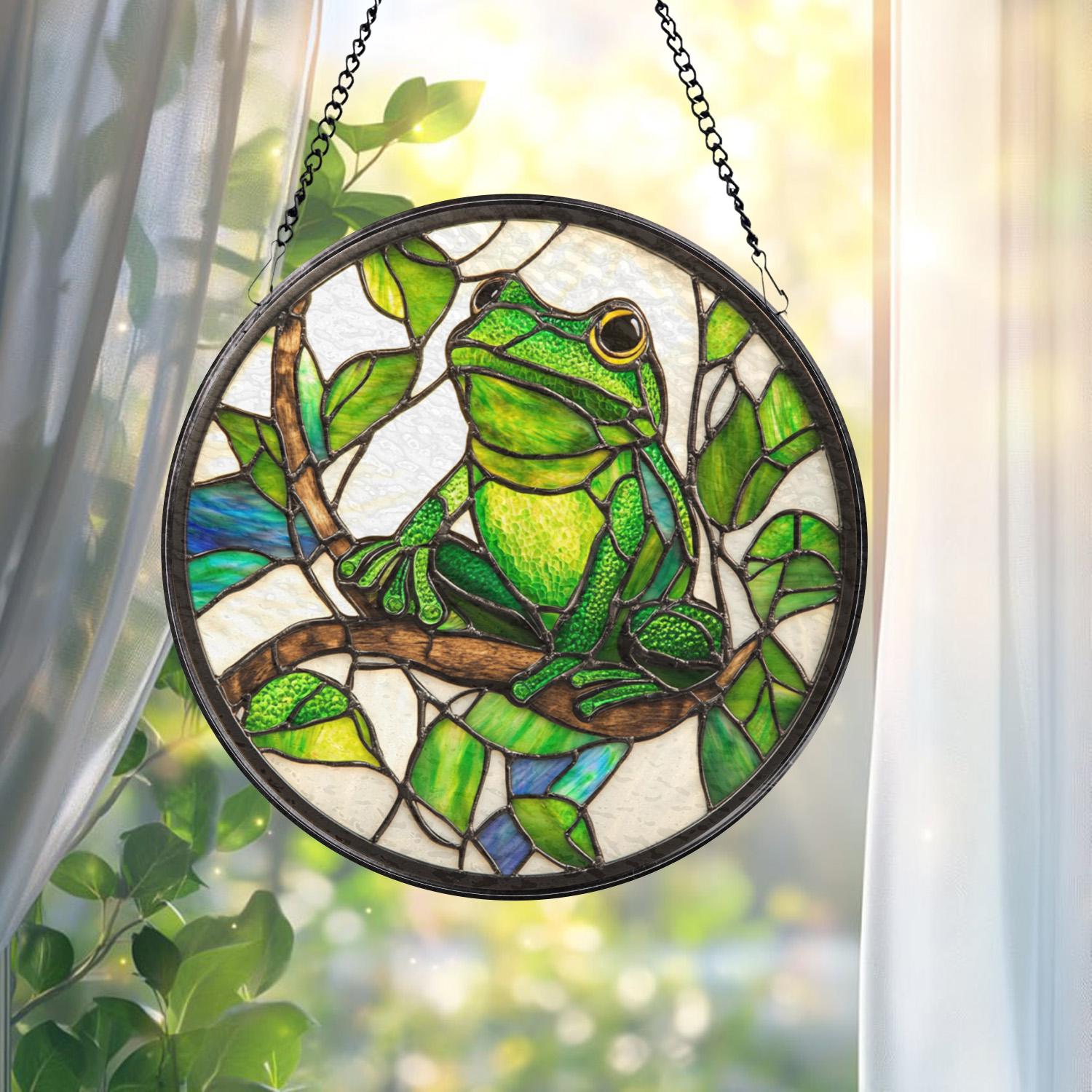 Green Frog Stained Glass Suncatcher, Lotus Flower Window Hanging, Outdoor Nature Decor, Amphibian Lover Gift, Garden Room Wall Art