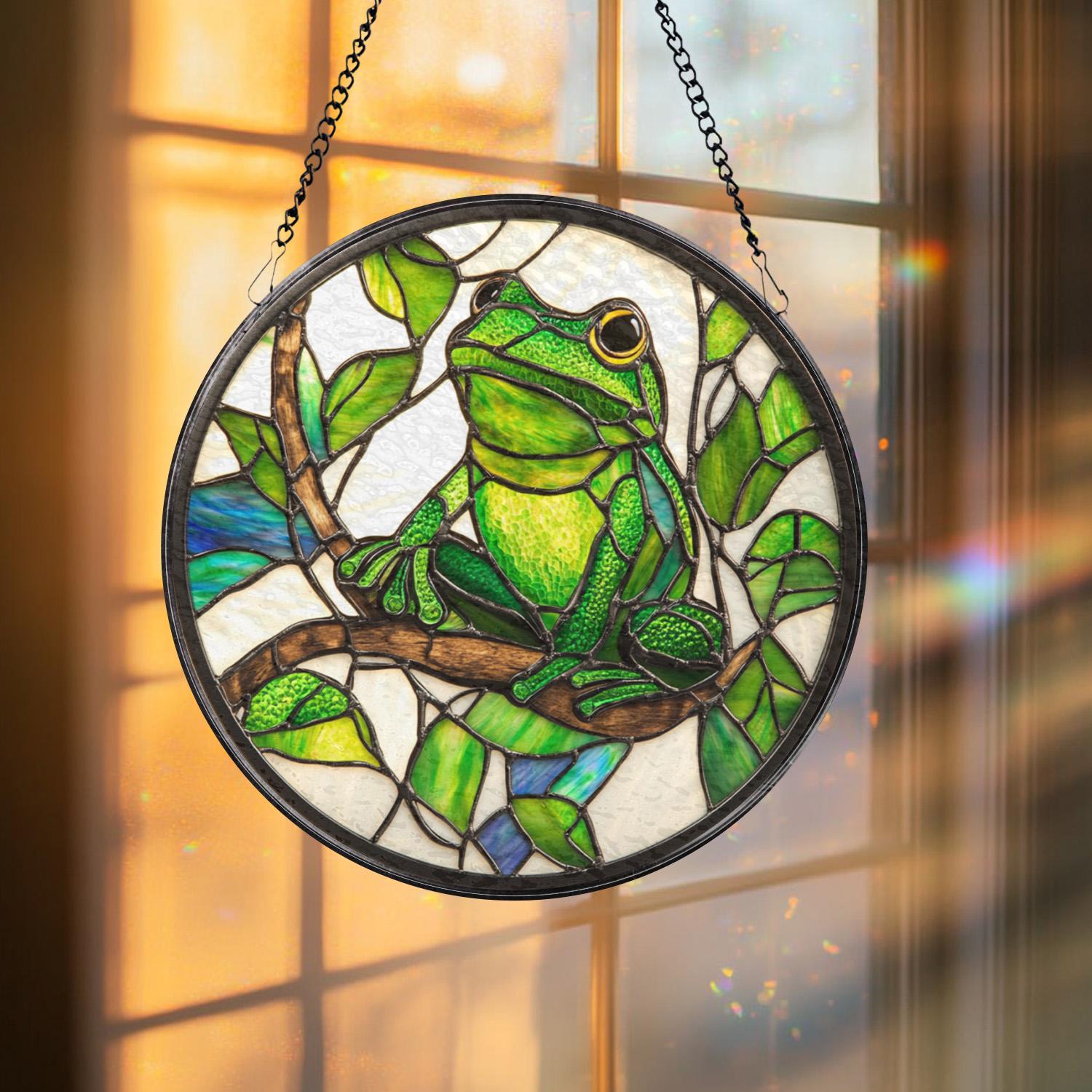 Green Frog Stained Glass Suncatcher, Lotus Flower Window Hanging, Outdoor Nature Decor, Amphibian Lover Gift, Garden Room Wall Art