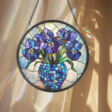 Purple Irises Glass Suncatcher, Floral Window Decor, Birth Flower Gift for Mom, Handmade Garden Accent, Gift for Flower Lovers