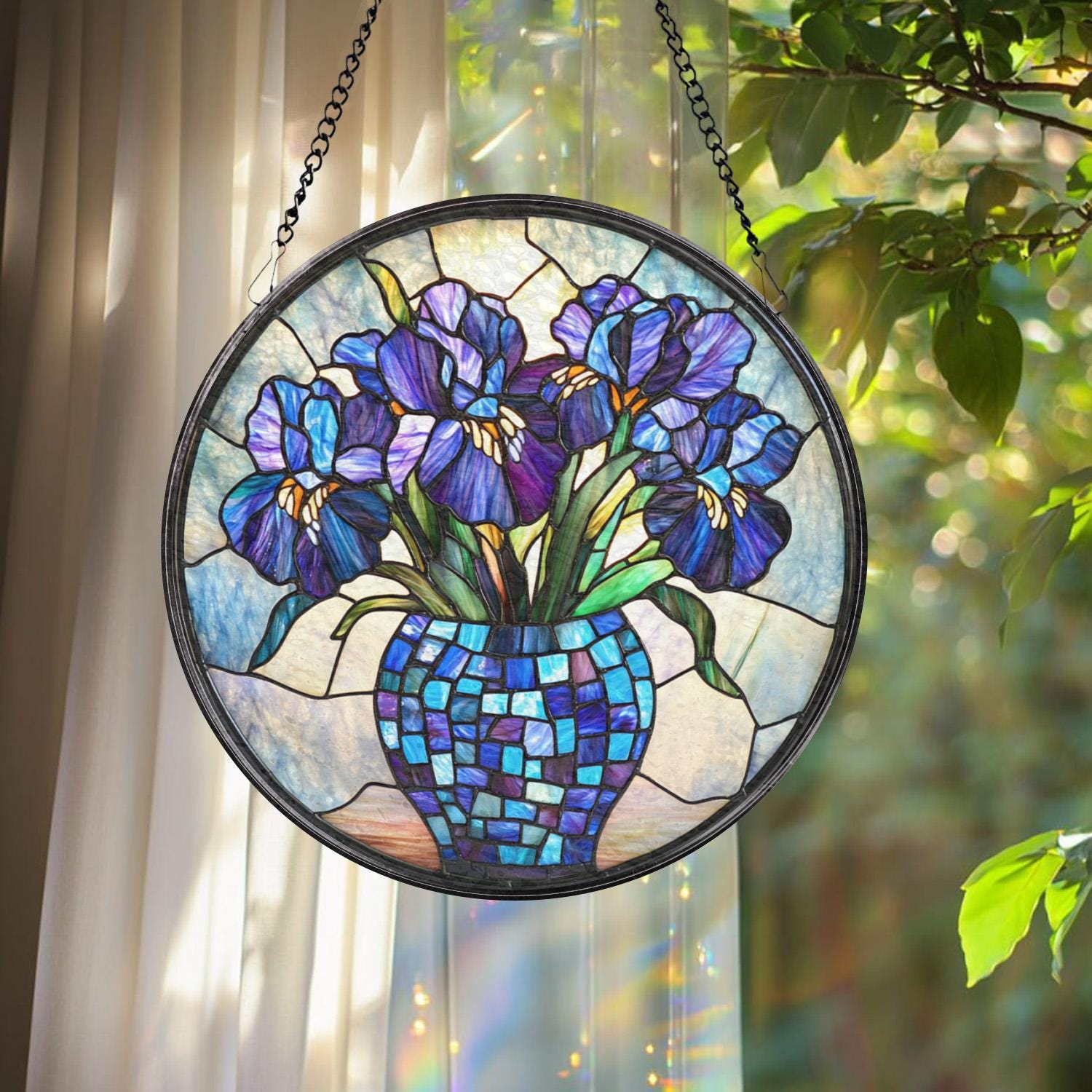 Purple Irises Glass Suncatcher, Floral Window Decor, Birth Flower Gift for Mom, Handmade Garden Accent, Gift for Flower Lovers