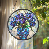 Purple Irises Glass Suncatcher, Floral Window Decor, Birth Flower Gift for Mom, Handmade Garden Accent, Gift for Flower Lovers