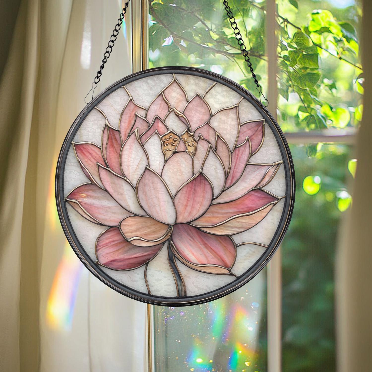 Pink Lotus Flower Glass Suncatcher, Zen Window Hanging, Spiritual Decor, Garden Accent, Gift for Mom, Nature Lover Gift, Tranquil Wall Art
