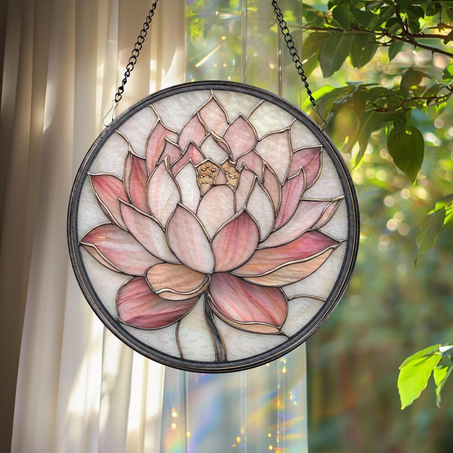 Pink Lotus Flower Glass Suncatcher, Zen Window Hanging, Spiritual Decor, Garden Accent, Gift for Mom, Nature Lover Gift, Tranquil Wall Art