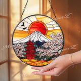 Japanese Pagoda Stained Glass Suncatcher, Red Sun Mount Fuji Window Hanging, Sakura Cherry Blossom Glass Panel, Oriental Zen Decor