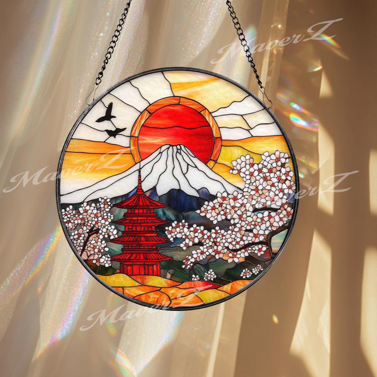 Japanese Pagoda Stained Glass Suncatcher, Red Sun Mount Fuji Window Hanging, Sakura Cherry Blossom Glass Panel, Oriental Zen Decor